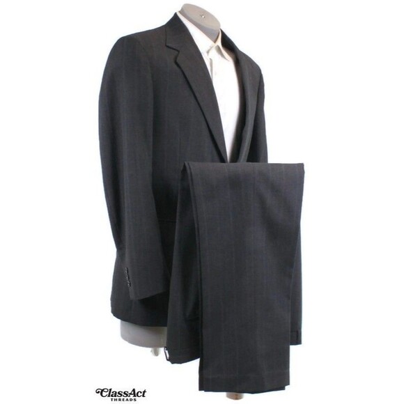 Towncraft Black Striped 2 piece suit Mens Wool Blend 40L Flat Front 34" Waist - Picture 1 of 10